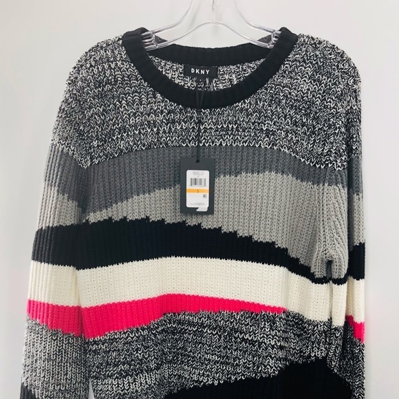 NWT DKNY Block Gray/Blk/ Wht Round Neck Long Sleeve Sweater Small - Picture 2 of 9